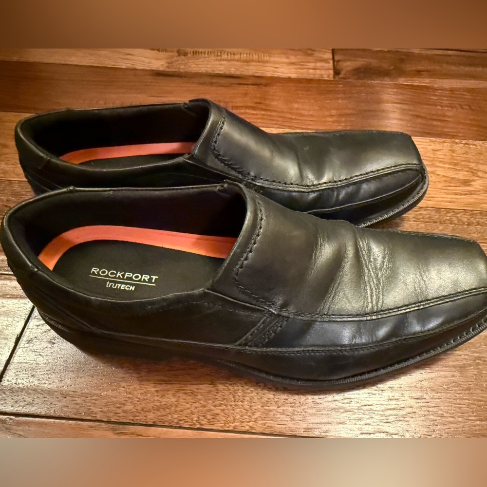 Rockport Dress Shoes Men Sz 12 Black Leather Block Heel Round Toe Slip-on A13019